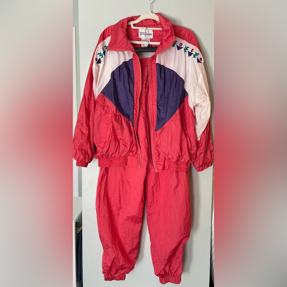 Vintage WILSON Nylon Track Suit Set Coral Pant Jacket Windbreaker Sz XL read des